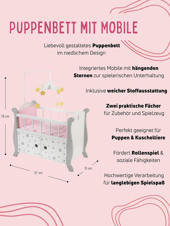 Bayer Chic 2000 - Puppenbett mit Mobile, Puppenmöbel, Puppenzubehör, Stars grau