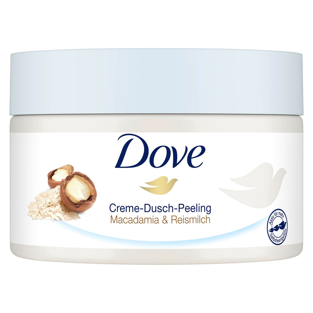 Dove Creme-Dusch-Peeling Macadamia & Reismilch Scrub Körper Peeling für geschmeidige Haut Hautpflege