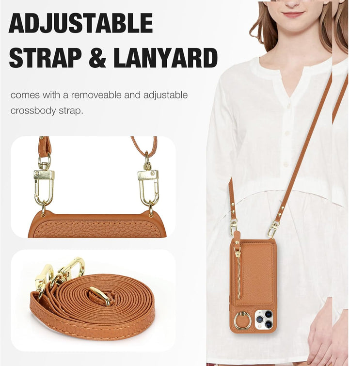 ELTEKER Handyhülle für iPhone 12 Mini Hülle mit Band Kartenfach Handykette Ringhalterung Geldbörse,L