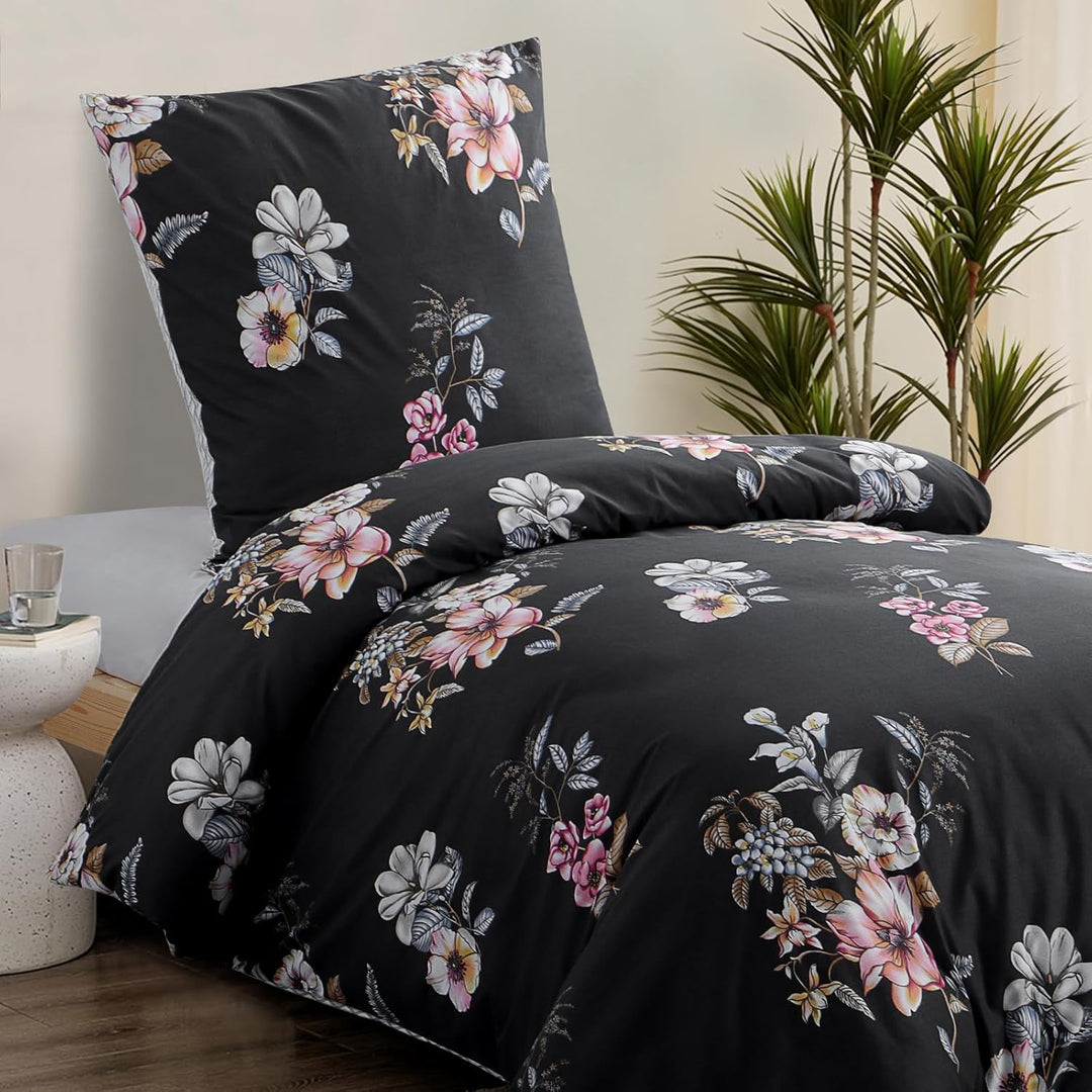 RUIKASI Bettwäsche 155x220 2 teilig Schwarz - Bettbezug 155 x 220 Set mit Blumen Muster, Bettwäsche-
