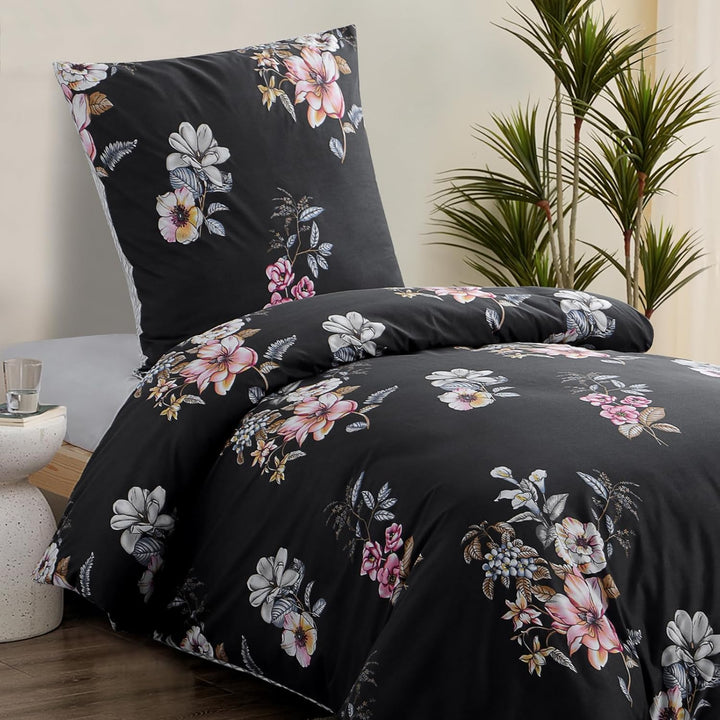 RUIKASI Bettwäsche 155x220 2 teilig Schwarz - Bettbezug 155 x 220 Set mit Blumen Muster, Bettwäsche-