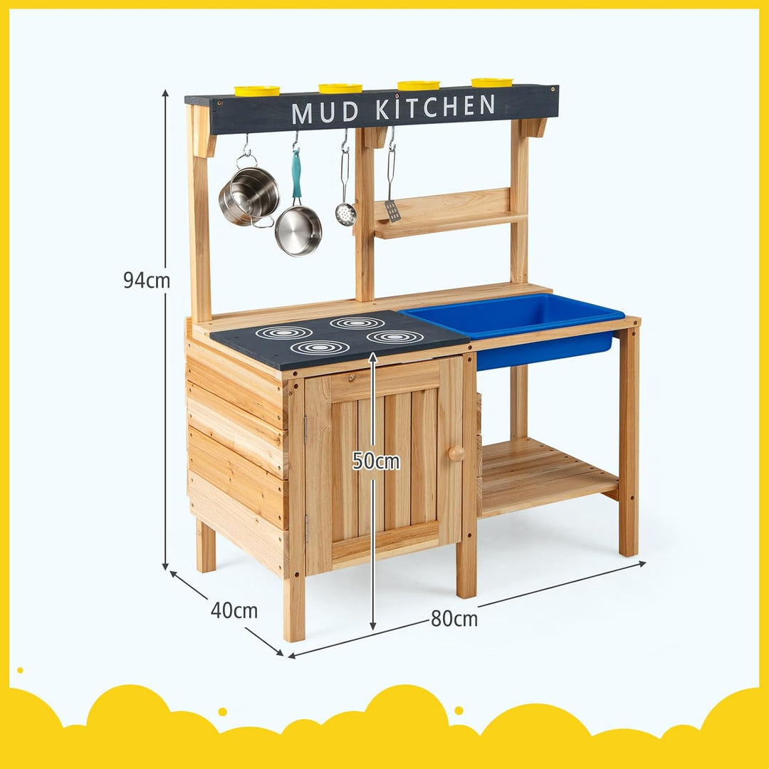 COSTWAY Matschküche Kinder Outdoor, Spielküche mit abnehmbarem Waschbecken & Zubehör, Holz Kinderküc