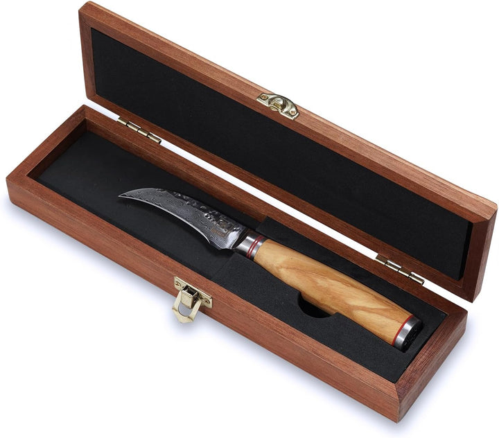 Zayiko Minami Olive Schälmesser 7 cm, 67 Lagen Damaststahl, VG-10-Stahlkern