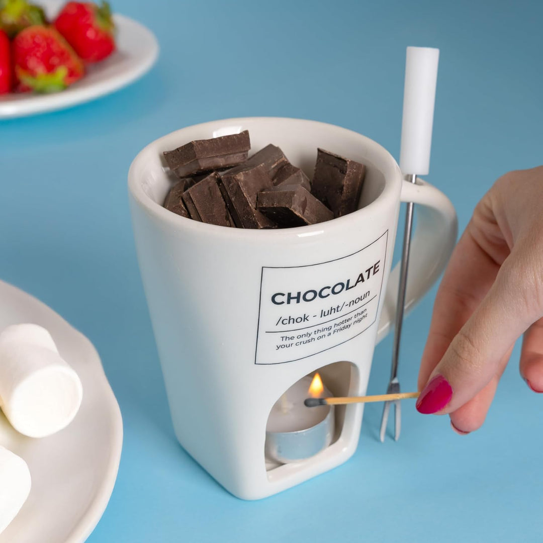 Fisura - Fondue Tasse für Schokolade und Käse, weisse Keramiktasse 140 ml mit Gabel, originelle Gesc