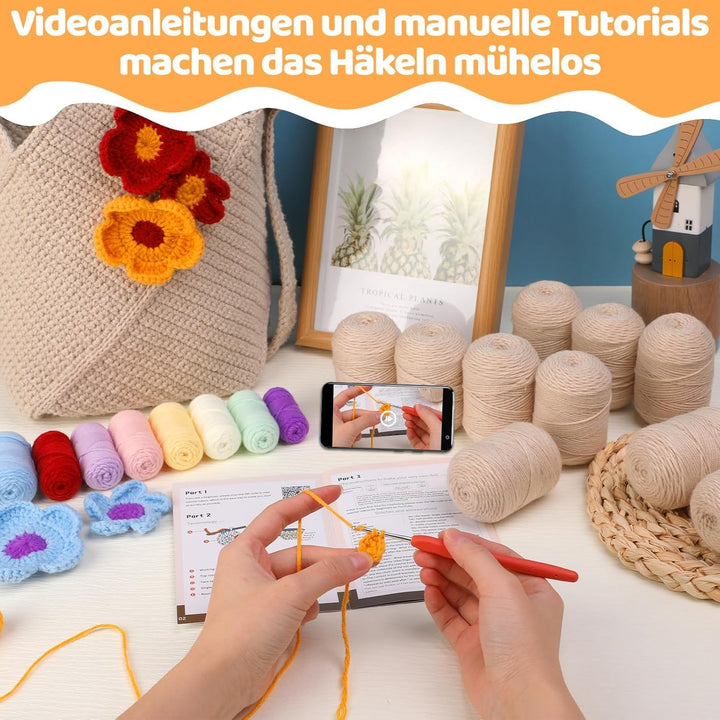 Deudy Pnytty Häkeltaschen-Set für Anfänger, komplettes Starter-Set mit Garn, Haken und Schritt-für-S
