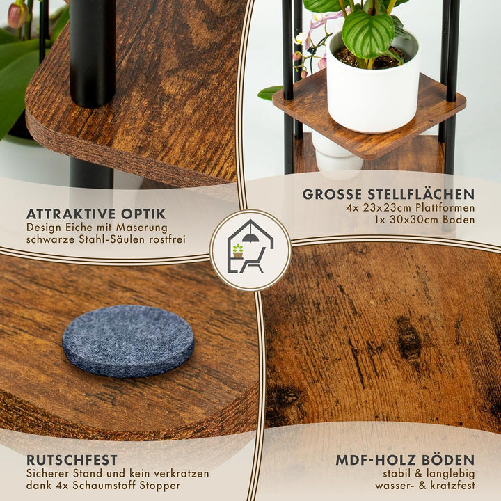 TTL HOME Blumenständer TOWER 2er Set - 5 Etagen 105 cm hoch Pflanzenständer Design Holz Eiche & Meta