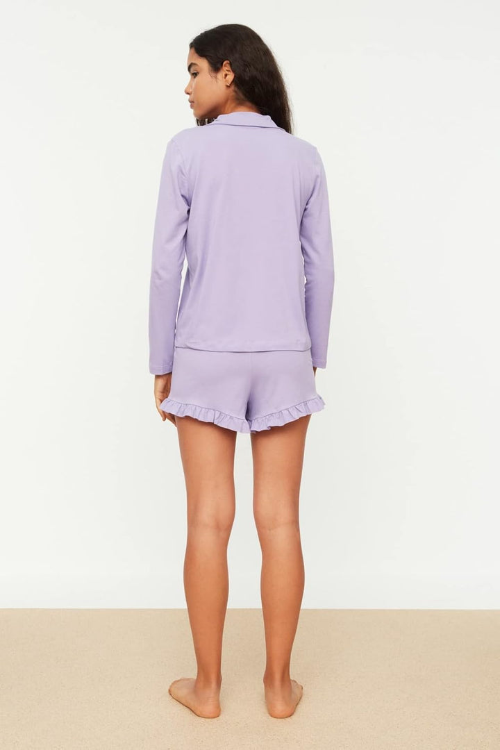 TRENDYOL Damen Lila Rüschen Detaillierte Gestrickte Pyjamas-kit Pajama Set XXL Lila, XXL Lila