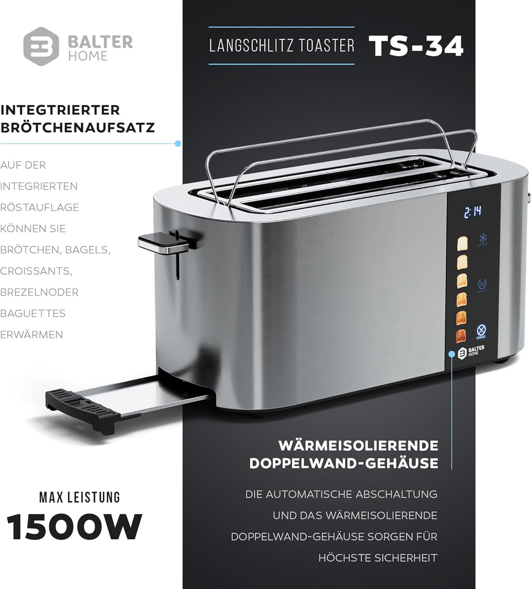 Balter Toaster 4 Scheiben, Touch Bedienung, Langschlitz, Edelstahl, Brötchenaufsatz, LCD Display Lan