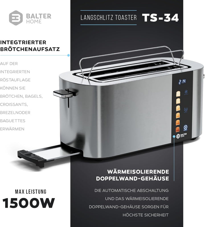Balter Toaster 4 Scheiben, Touch Bedienung, Langschlitz, Edelstahl, Brötchenaufsatz, LCD Display Lan