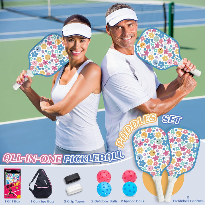 JOY SPOT! Pickleball Schläger 2 Set, Leichter Pickleball Schläger mit Fiberglas-Oberfläche, 4 Bälle