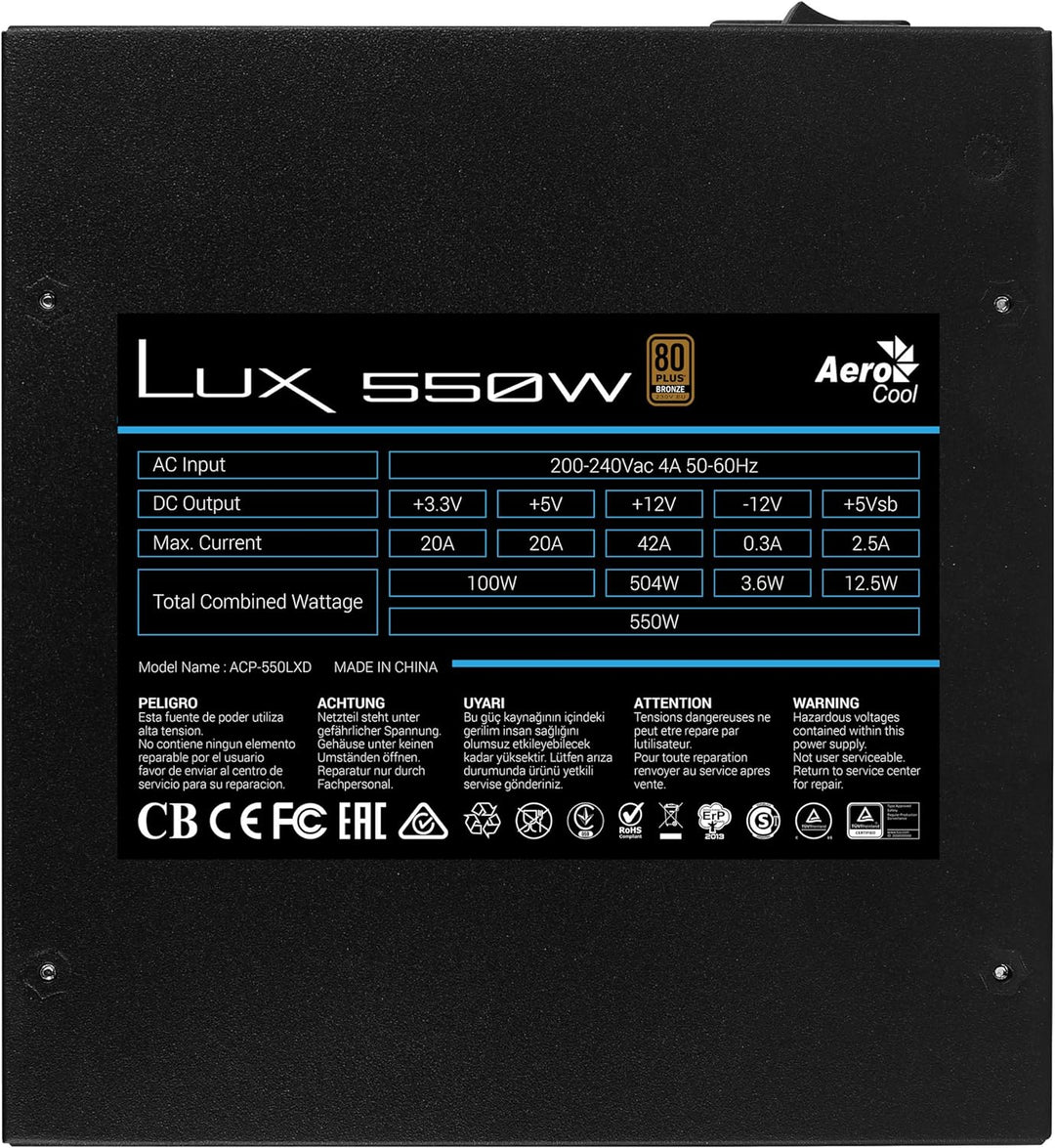 AeroCool LUX550, PC-Netzteil (550 W, 12 V, 88% Effizienz, 80 Plus Bronze), Schwarz, LUX550