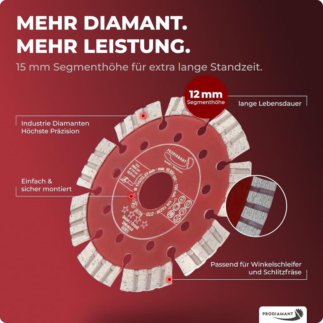 PRODIAMANT Turbo Diamant-Trennscheibe Beton 115mm x 22,23 mm Segmenthöhe 12mm 115/22,23mm, 115/22,23