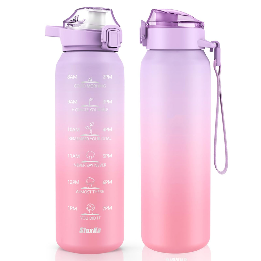 SLUXKE Trinkflasche Edelstahl 1Liter mit Zeitmarkierung, 1L Thermosflasche mit Premium Auslaufsicher