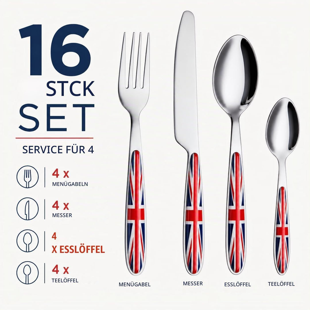 EXZACT Rostfrei Stahl Besteck Set einem Plastikhalter 16 PCS - Farbige Griffe - 4 Gabeln, 4 Messer,