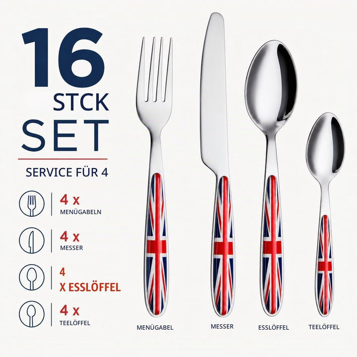 EXZACT Rostfrei Stahl Besteck Set einem Plastikhalter 16 PCS - Farbige Griffe - 4 Gabeln, 4 Messer,