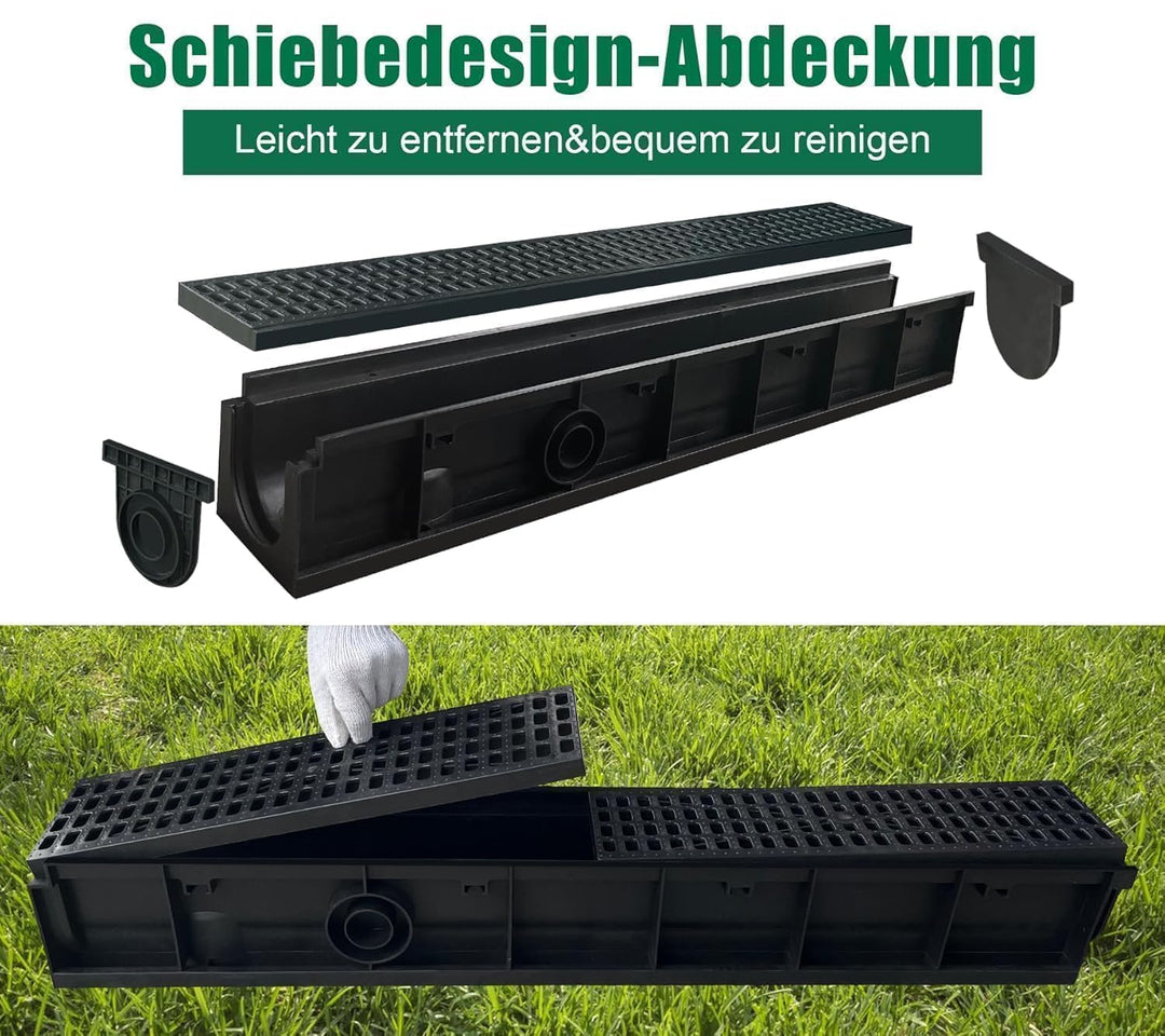 1m Entwässerungsrinne mit HDPE-Abdeckrost Bodenrinne Ablaufrinne Entwässerungssystem für Garten Terr