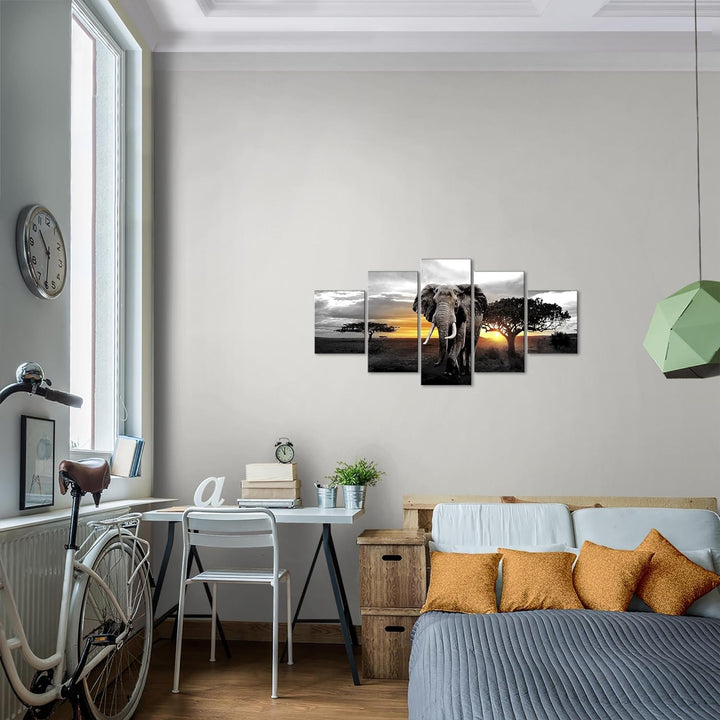 Runa Art Wandbilder Afrika Elefant 5 Teilig Bild auf Vlies Leinwand Deko Wohnzimmer Schlafzimmer Pan