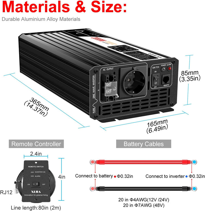2000W wechselrichter 12v auf 230v Reiner Sinus wohnmobil 50HZ Solar Konverter für Zuhause Auto (DC12