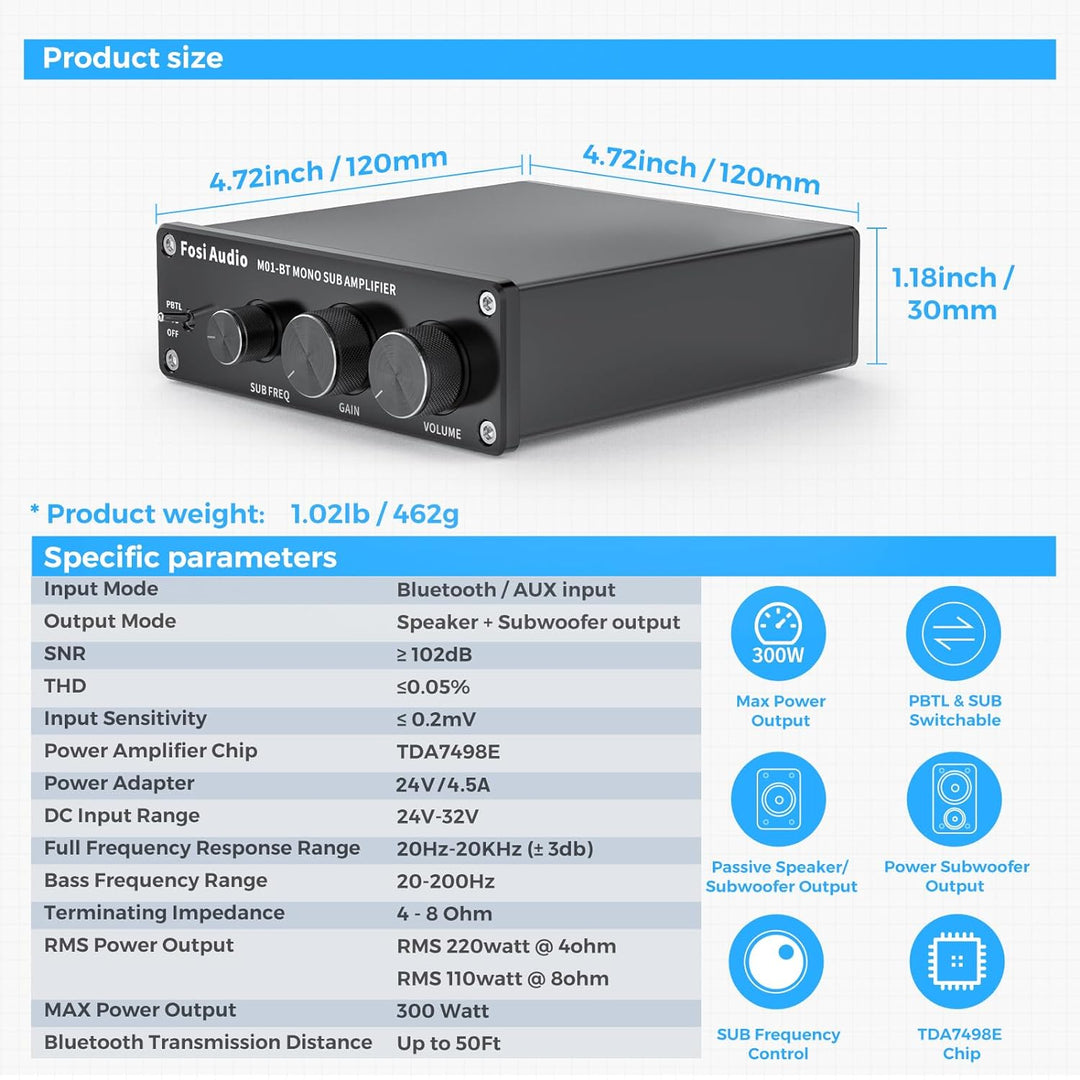 Fosi Audio M01-BT HiFi Subwoofer Verstärker 300W, TDA7498E Bluetooth 5.0 Monokanal Subwoofer-Verstär