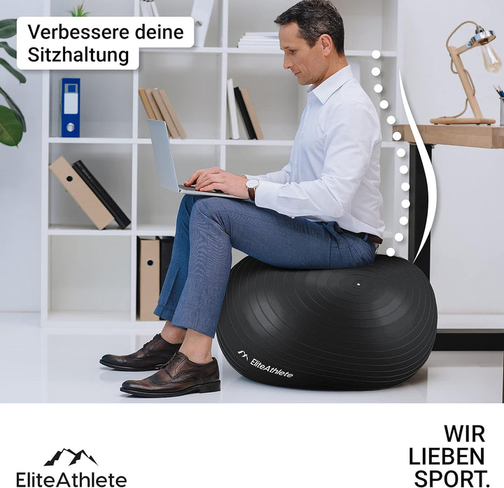 EliteAthlete Gymnastikball Sitzball Büro ergonomisch mit Anti Burst System - Fitness Pilates Schwang