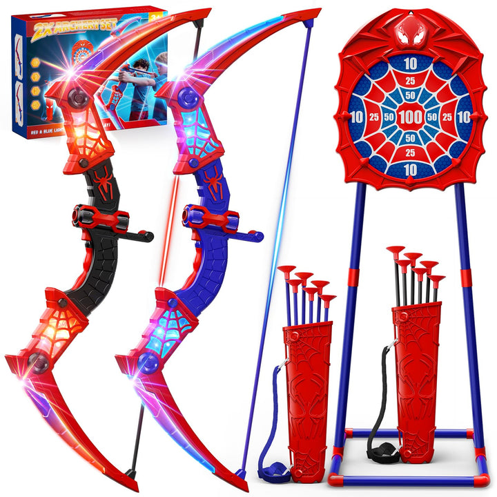 Spielzeug ab 3-12 Jahre Junge, 2 Stück Spider PfeilBogen mit Rot & Blau LED Lichtern, Spider Zielsch