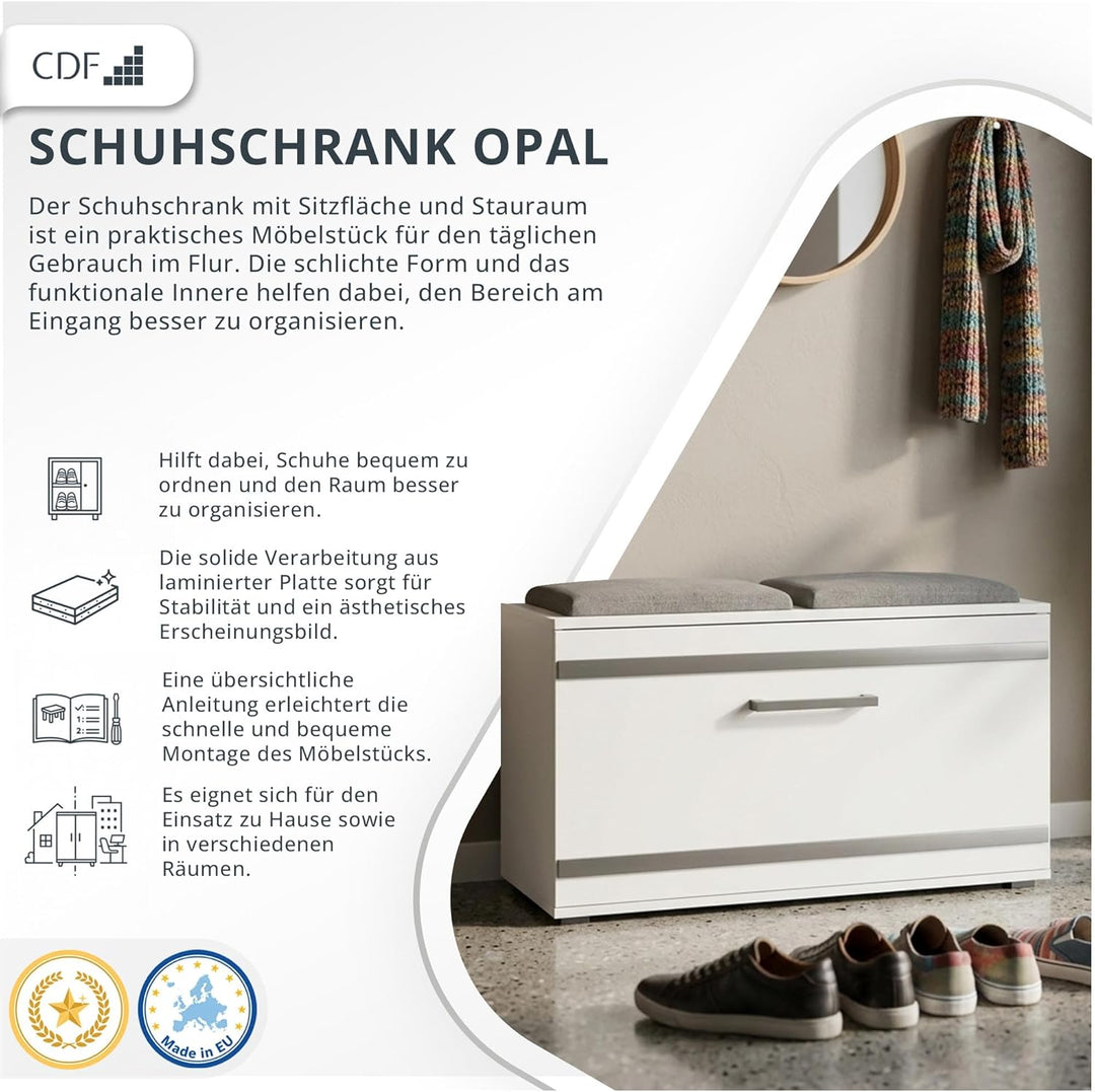 CDF Schuhschrank Opal | Farbe: weiss | Ideal für Diele, Flur, Büro | Schuhaufbewahrung | bequemer Si