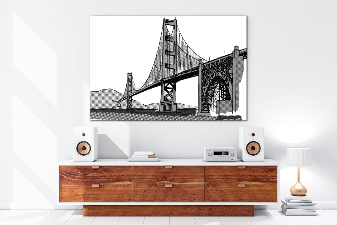deyoli Illustrierte Fluss-Brücke Format: 80x60 als Leinwand, Effekt: Schwarz&Weiss, Motiv fertig ger