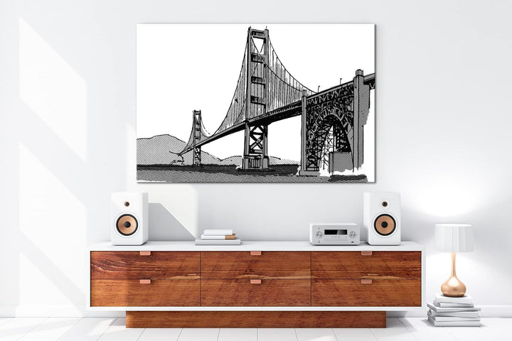 deyoli Illustrierte Fluss-Brücke Format: 80x60 als Leinwand, Effekt: Schwarz&Weiss, Motiv fertig ger