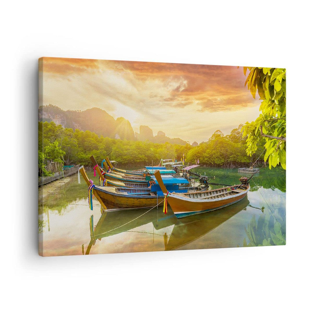 Bilder auf Leinwand Berge Boot Wasser Leinwandbild mit Rahmen 70x50cm Wandbilder Dekoration Wohnzimm