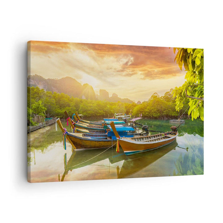 Bilder auf Leinwand Berge Boot Wasser Leinwandbild mit Rahmen 70x50cm Wandbilder Dekoration Wohnzimm