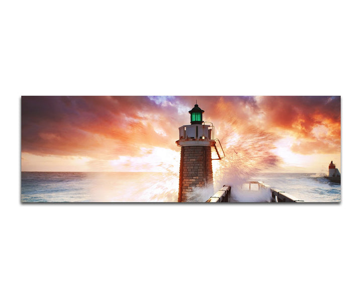 Paul Sinus Art Panoramabild auf Leinwand und Keilrahmen 150x50cm Meer Welle Leuchtturm Steg Wolkenhi