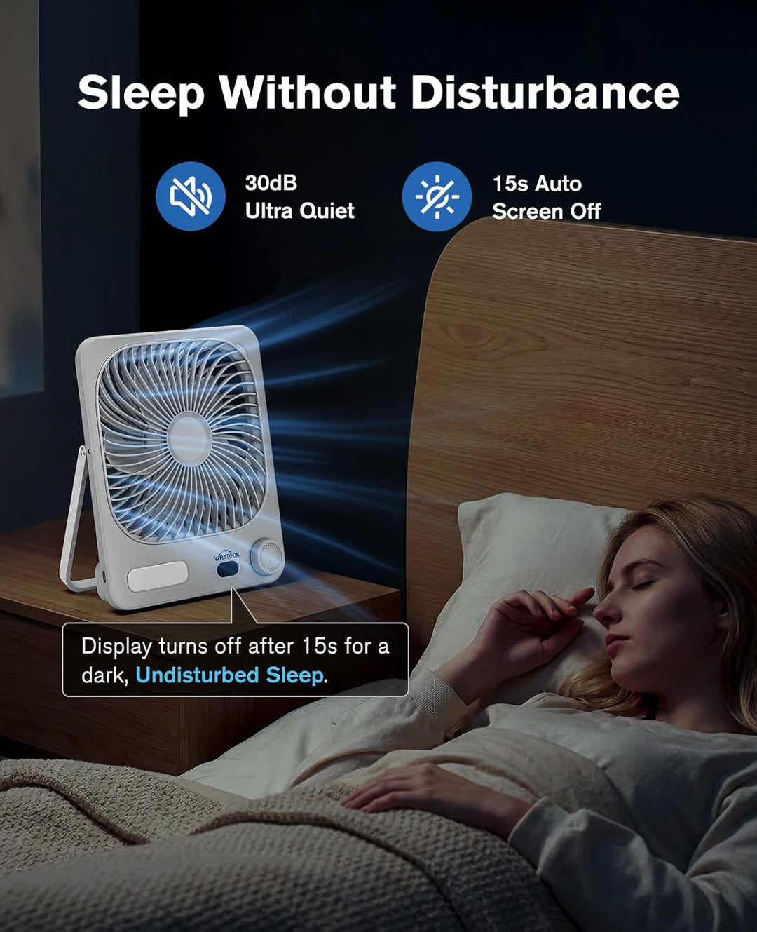 Akku Ventilator: 10000mAh 40H Tischventilator Leise mit 100 Stufen, 15s Auto-Aus LED Display, Reinig