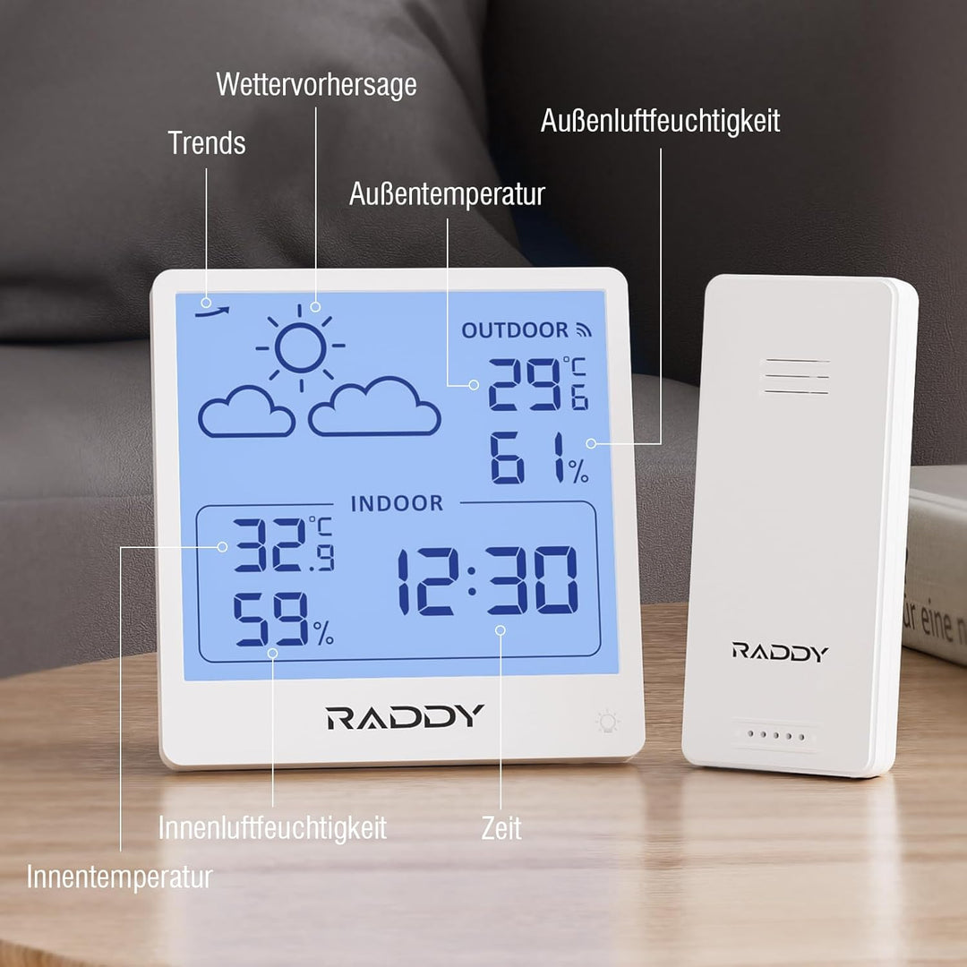 Raddy WF-50 Wetterstation Funk innen und aussen, batteriebetriebener Temperatur- und Luftfeuchtigkei