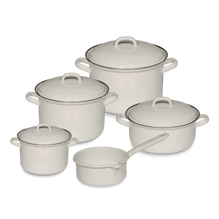 Riess, 0547-033, Kochtopf-Set, 5-teilig, Weiss, 1l+2l+2,5l+4,5l Töpfe+ 0,75l Stielkasserolle, Topfse