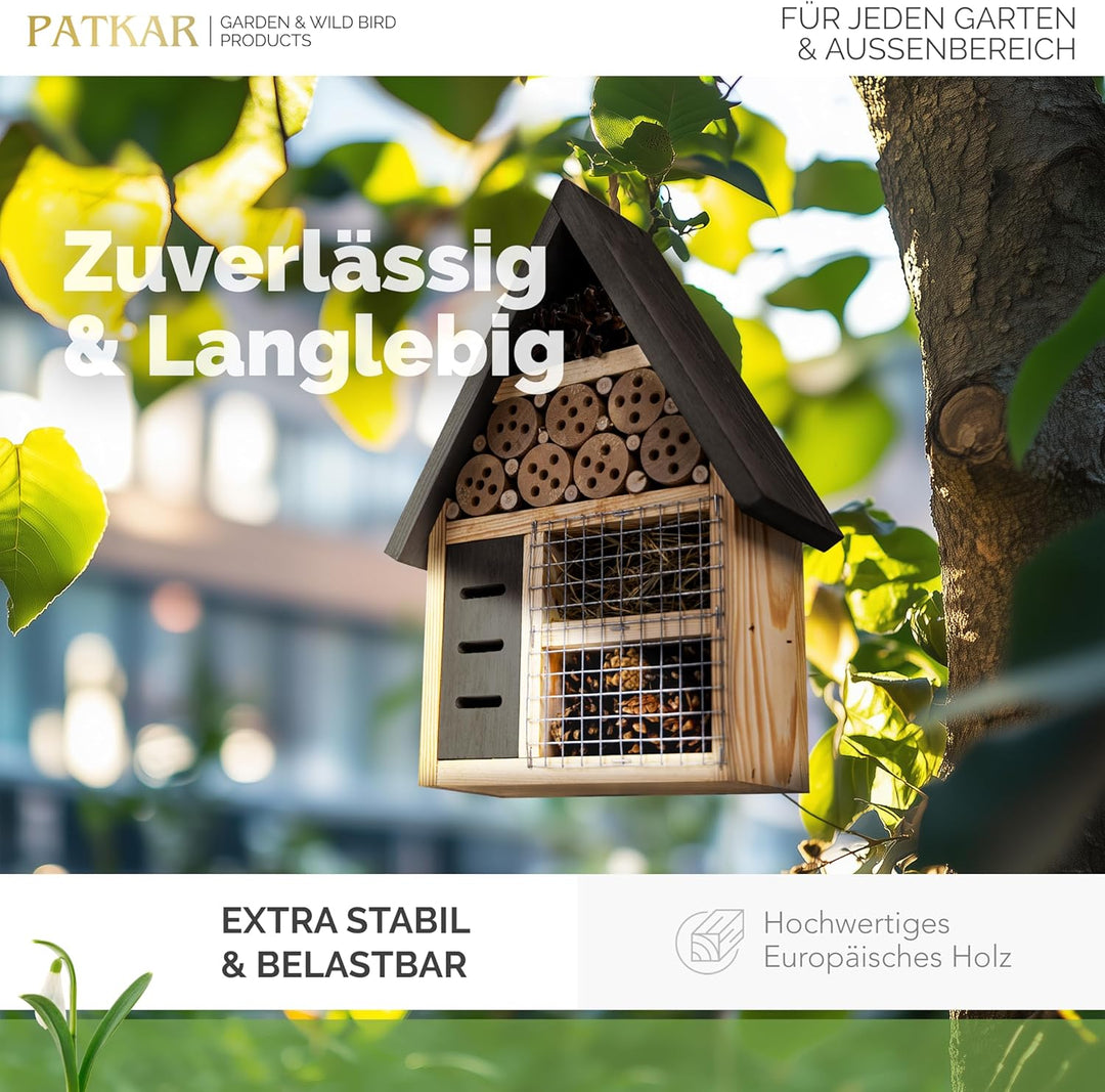 PATKAR Insektenhotel wetterfest [EXTRA STABIL] - Hummelhaus aus hochwertigem Holz (Made in Europe) -