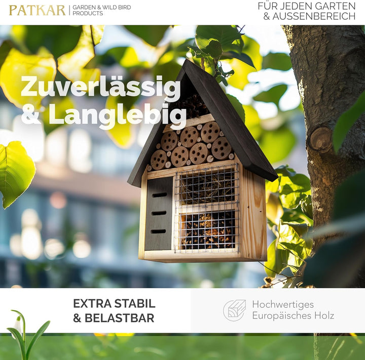 PATKAR Insektenhotel wetterfest [EXTRA STABIL] - Hummelhaus aus hochwertigem Holz (Made in Europe) -