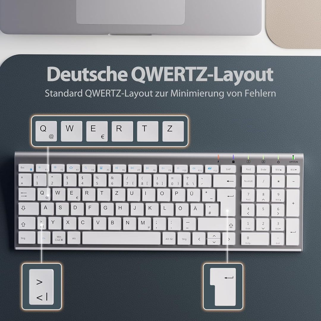iClever Kabellos Tastatur Maus Set, Wiederaufladbare Kabellose Tastatur und Maus, QWERTZ Layout (Deu