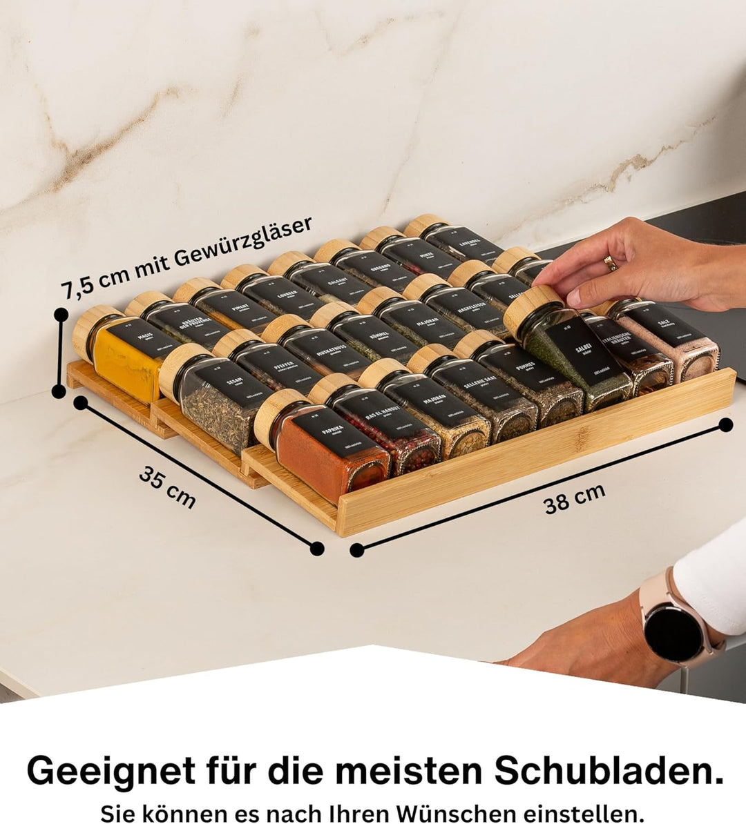 Deco haus® Gewürzregal Schublade [MIT 24 GEWÜRZGLÄSER & ETIKETTEN] - Gewürz Organizer Schublade - Ge