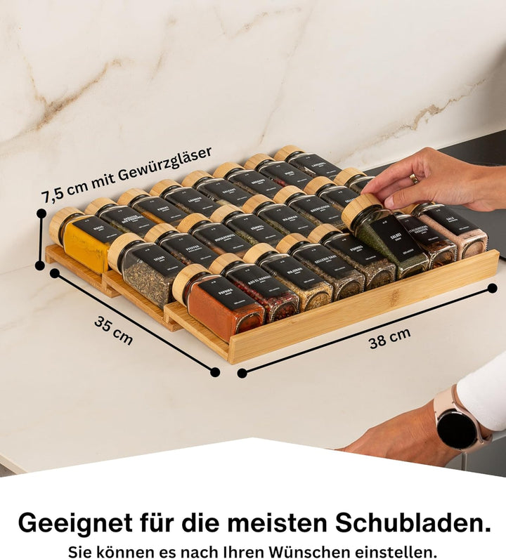 Deco haus® Gewürzregal Schublade [MIT 24 GEWÜRZGLÄSER & ETIKETTEN] - Gewürz Organizer Schublade - Ge