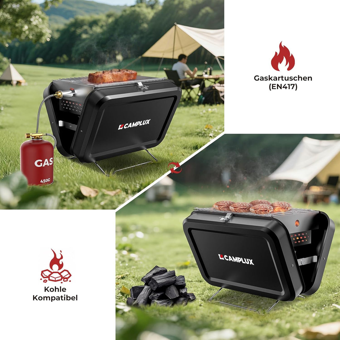 CAMPLUX Tragbarer 2-in-1 Koffergrill, Gas- und Holzkohle-Campingkocher mit 32 x 23,5 cm Rost, klappb