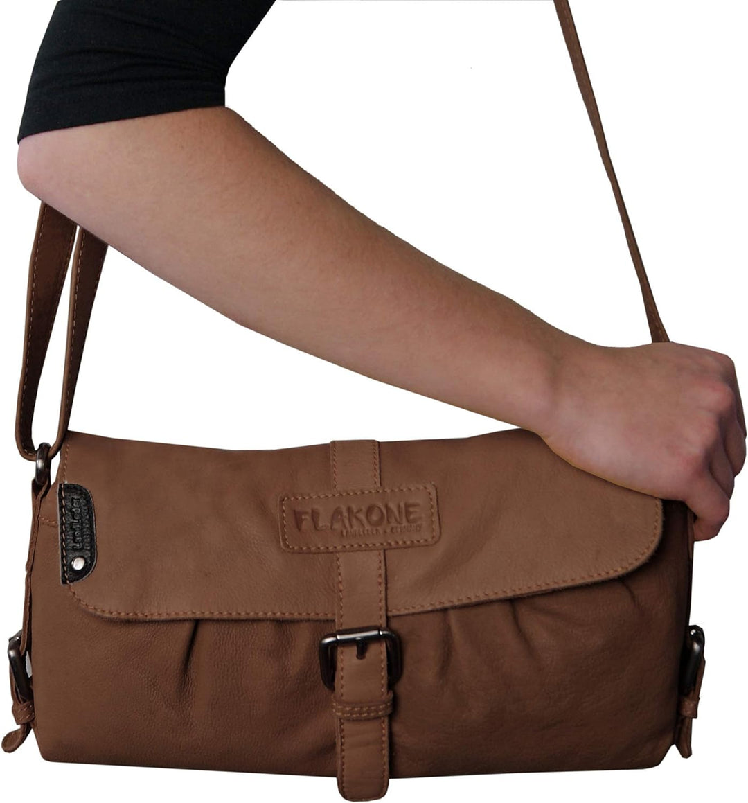 LL BARON of MALTZAHN Damen Schultertaschen FLAKONE brown-Natur Casual-716 aus Leder + Lederpflege