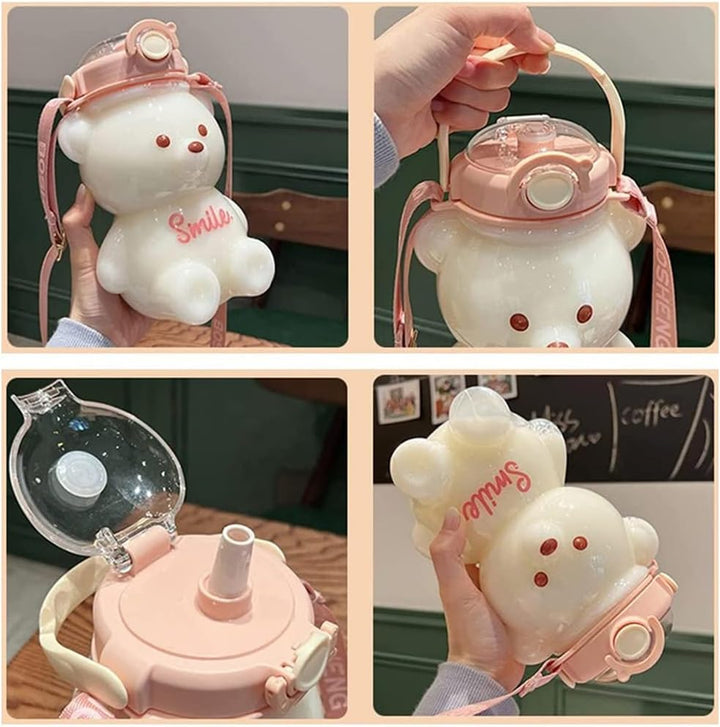 HUSHUI Kawaii Bär Strohflasche, tragbare Wasserflasche in Bärenform mit Strohhalm und Trageschlaufe,