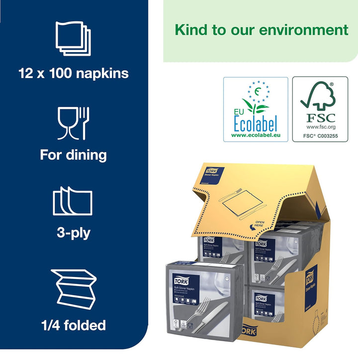 Tork 477673 Soft Dinnerservietten Grau / Papierservietten 3 lagig / Ideale Qualität und Grösse für e