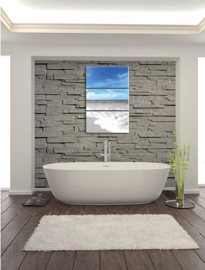 Pixxprint Sandstrand mit Welle bei azurblauen Himmel 3-Teiler Leinwandbild 120x80 Bild auf Leinwand