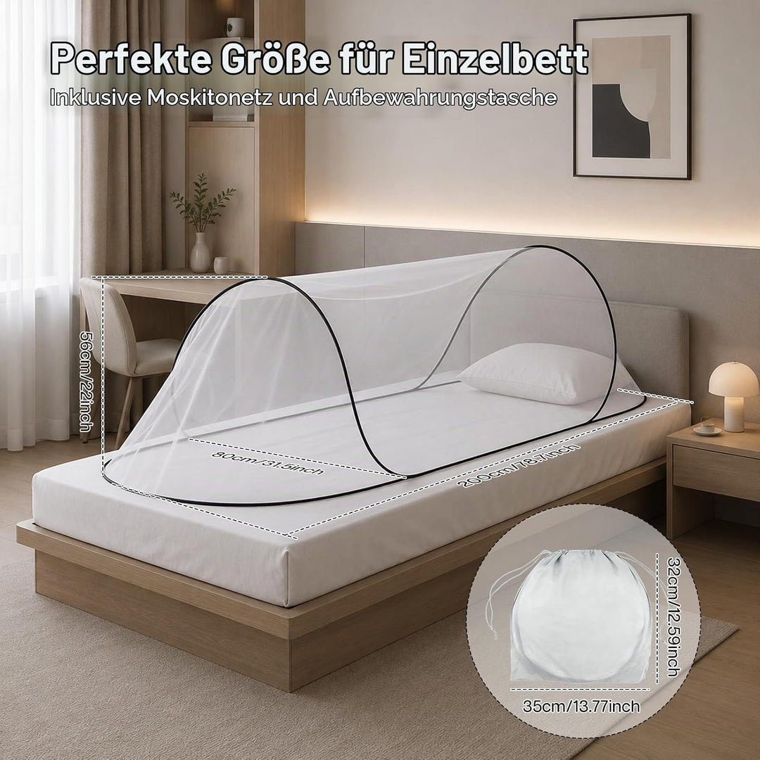 Moskitonetz Bett 200 x 80 x 56 cm, Faltbares Mückennetz für Einzelbett, Reise Camping Insektennetz S