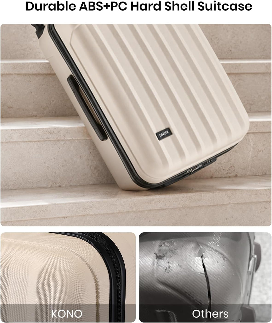 KONO Koffer Trolley Mittelgross Hartschale ABS Reisekoffer Rollkoffer Suitcase (Beige, L) Beige L, B