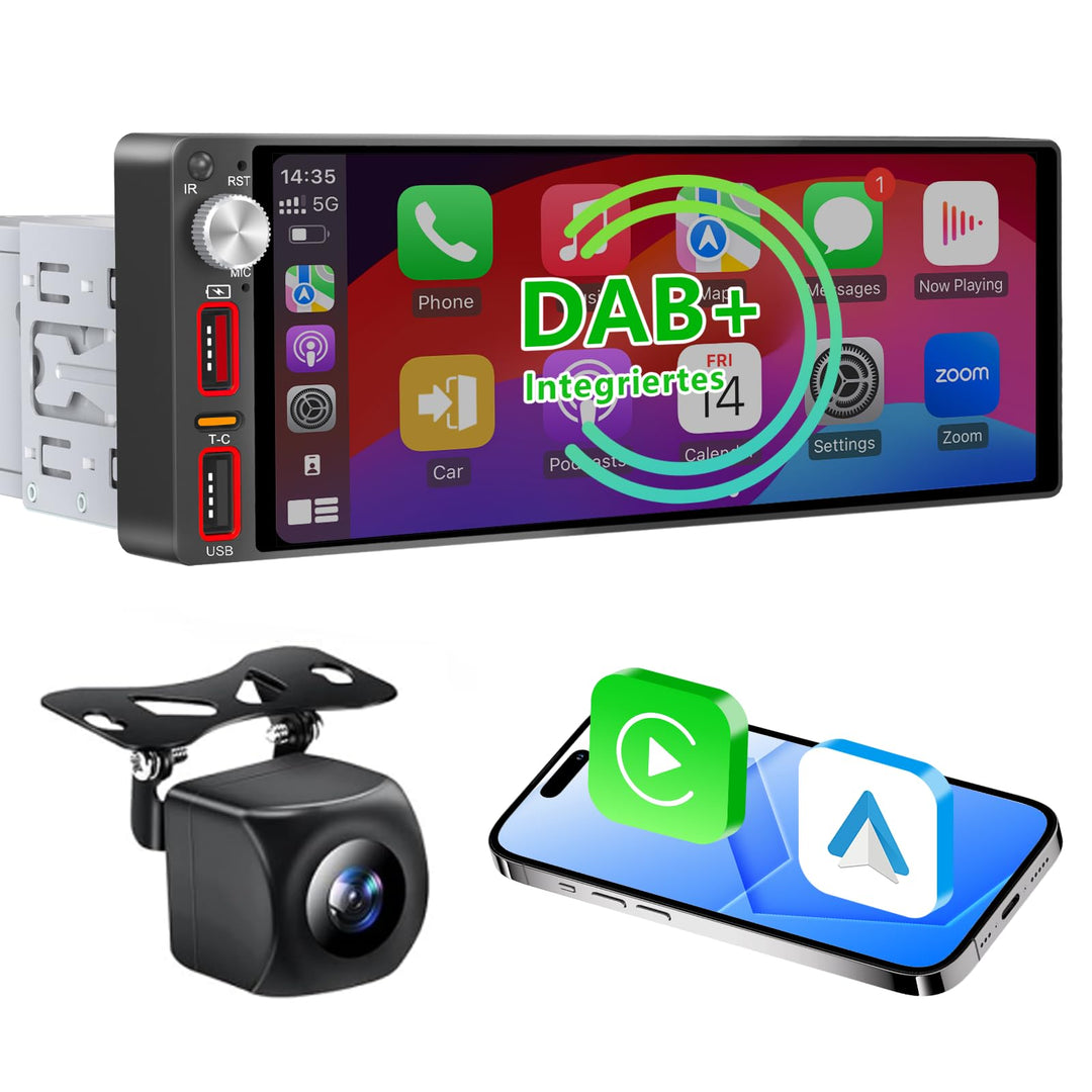 6,9 Zoll 1 Din Autoradio mit drahtlosem CarPlay &amp; Android Auto, Bluetooth, Full-Touch-Autoradio-Disp