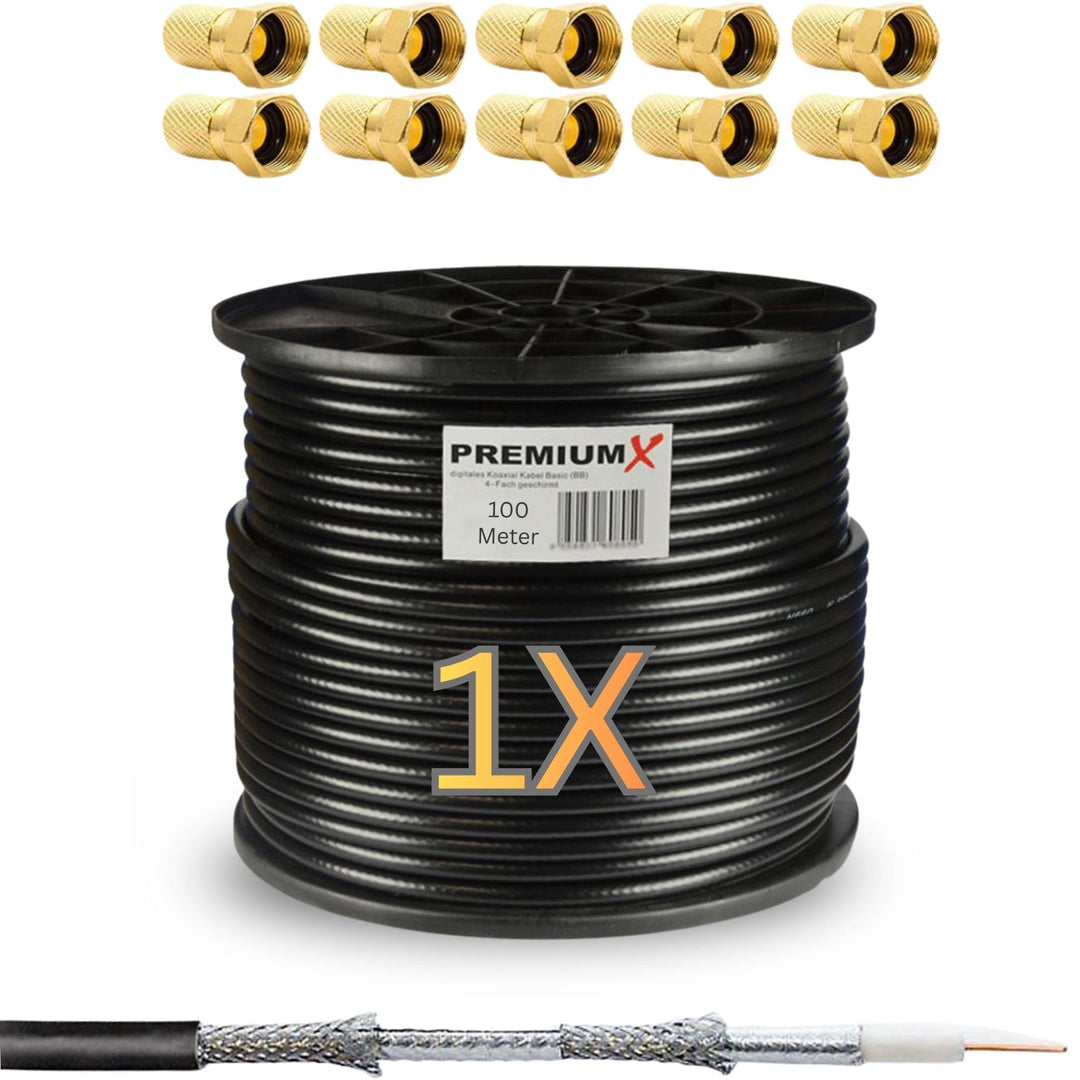 PremiumX 100m Basic Koaxialkabel schwarz 135dB 4-Fach geschirmt SAT TV Koax Antennenkabel Satelliten