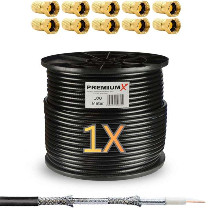 PremiumX 100m Basic Koaxialkabel schwarz 135dB 4-Fach geschirmt SAT TV Koax Antennenkabel Satelliten