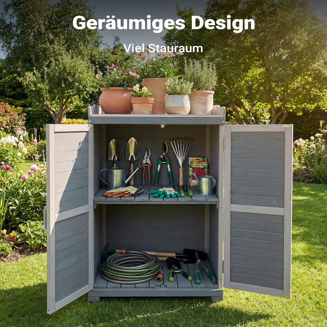 Gartentisch mit Unterschrank und Arbeitsplatte, Pflanztisch mit Schutzleisten, grau
